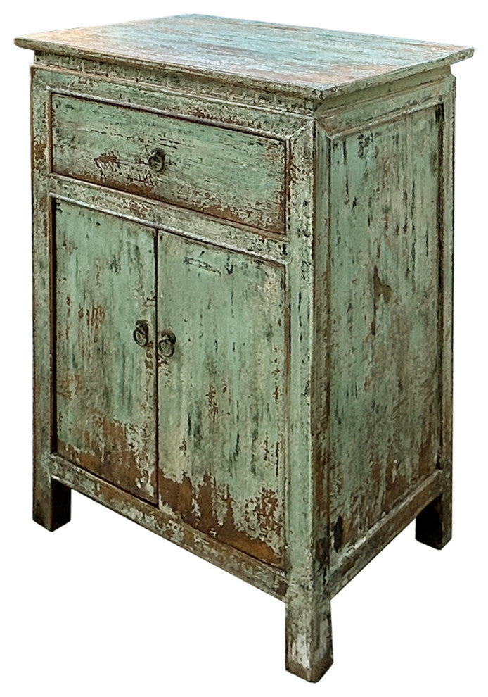 Distressed Pastel Light Green 2 Doors End Table Nightstand