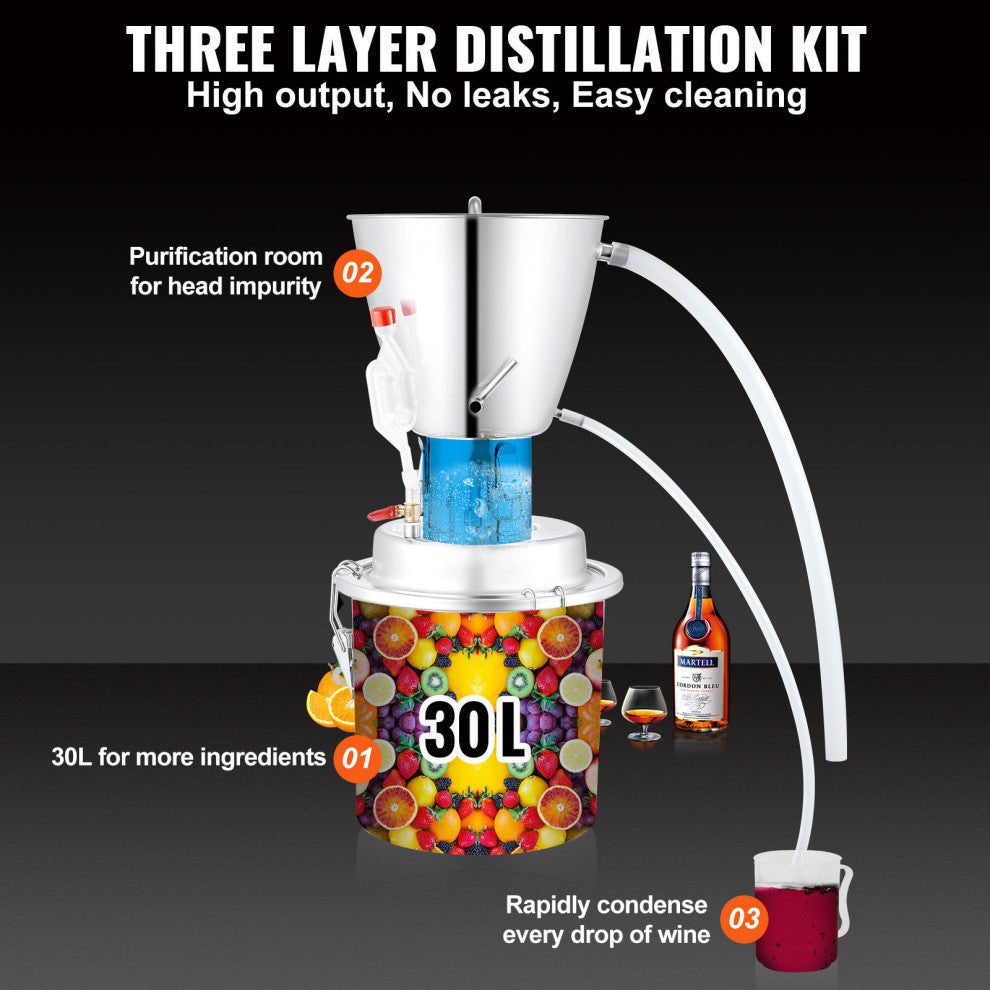 Water Alcohol Distiller 8 Gal/30 L Stainless Steel Still Home Distillery Kit