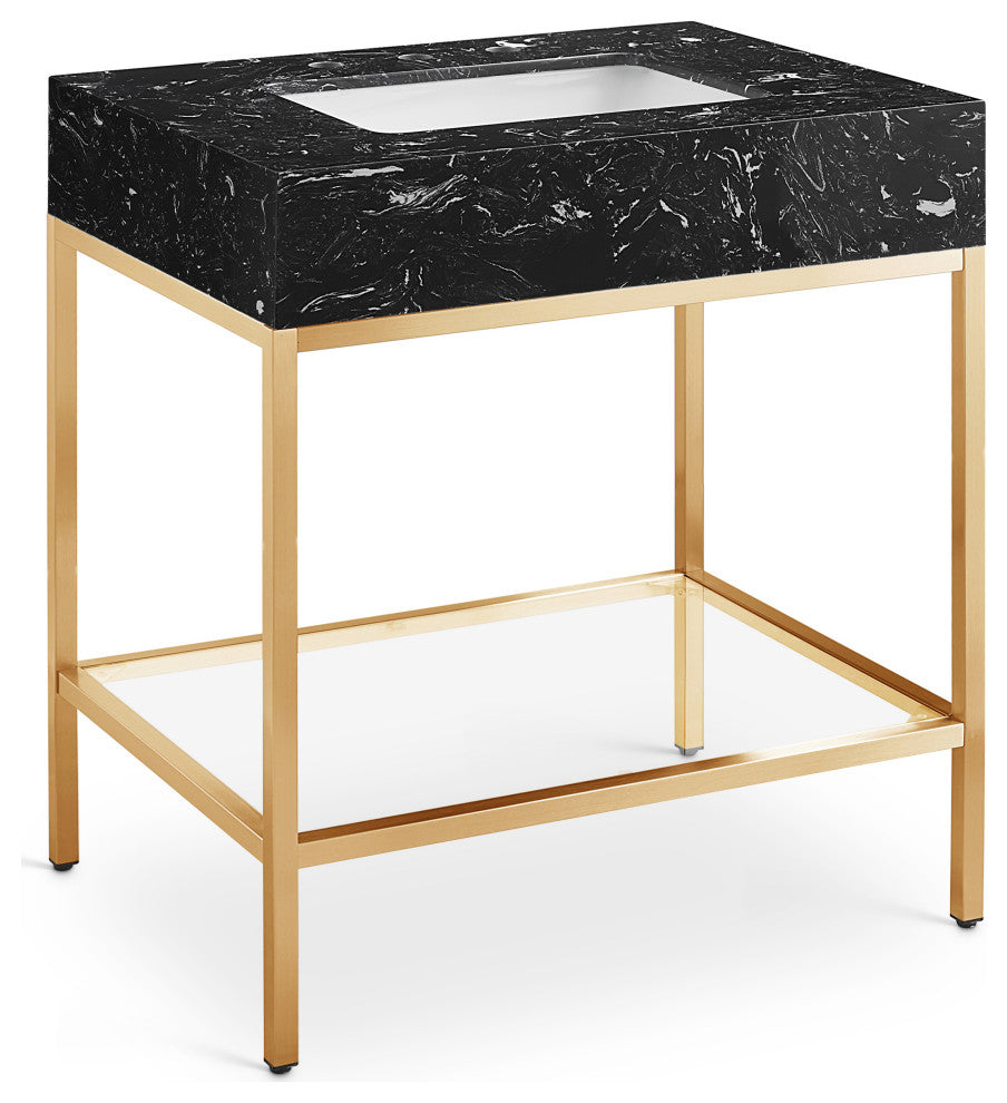 Marmo Bathroom Vanity, Black, 30" Wide, Brushed Brass Finish