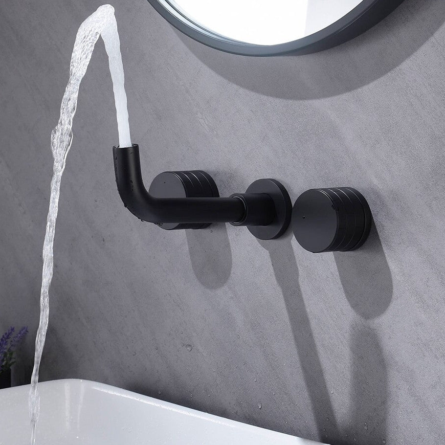 Double Handle Wall Mounted Brass Bathroom Faucet, Matte Black