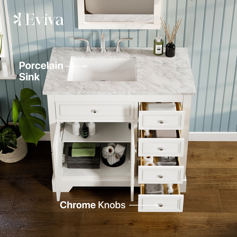 Eviva Monroe 36" Transitional Vanity With White Carrara Top, White
