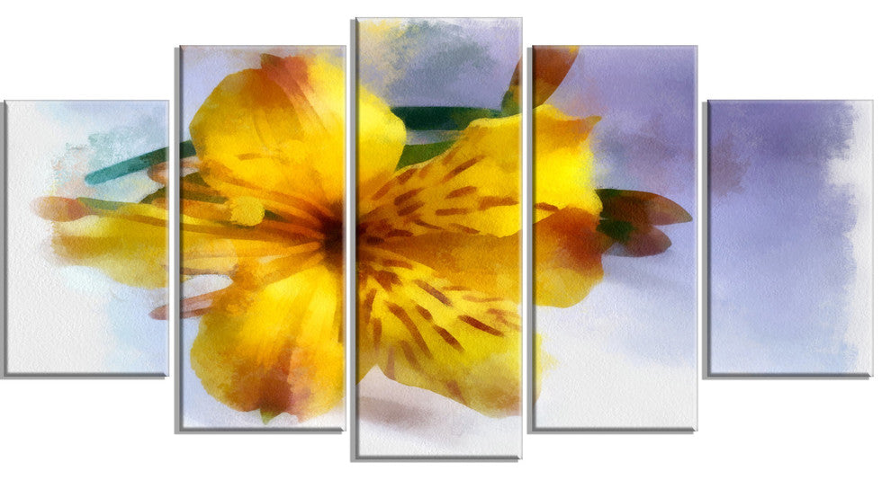 Yellow Lily Hand drawn Flower, Floral Canvas Art Print, 60"x32", 5 Panels