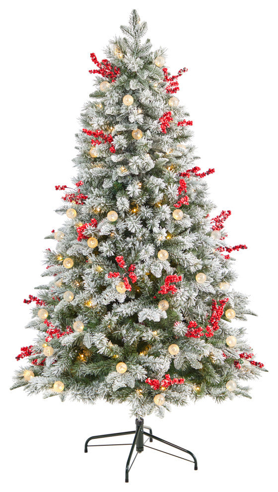 6' Snow Tipped Norwegian Fir Pre-Lit Faux Xmas Tree W/Lights, Berries