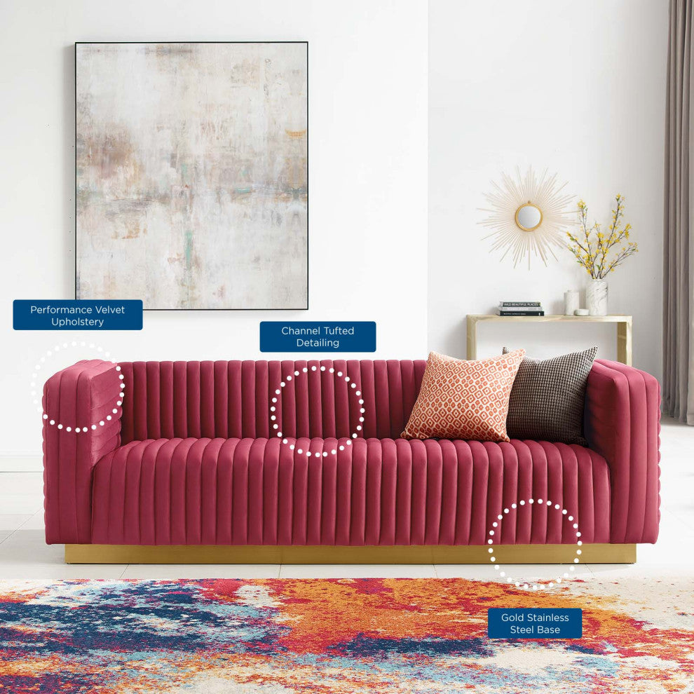 Tufted Sofa, Velvet, Red, Modern, Living Lounge Room Hotel Lobby Hospitality