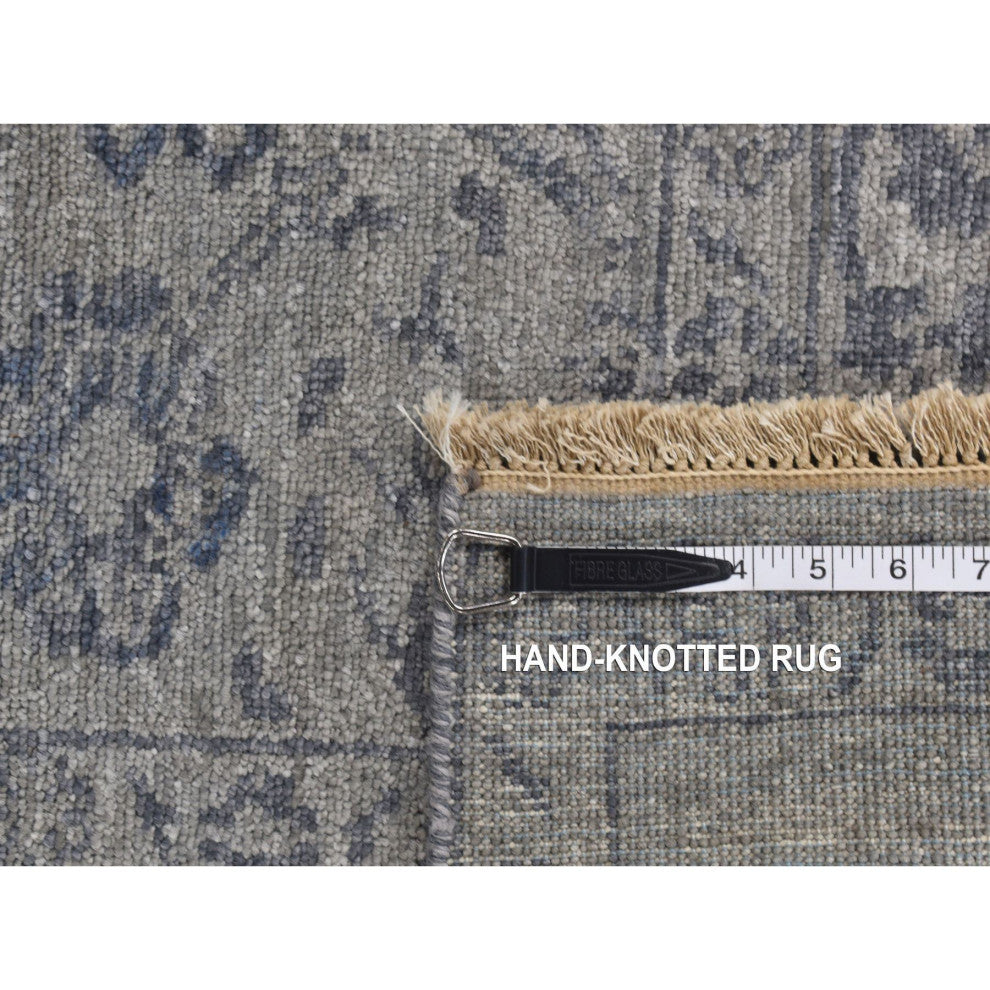Carbon Gray, Abstract Design Wool and Silk, Hand Knotted Runner Rug, 3'1"x8'3"