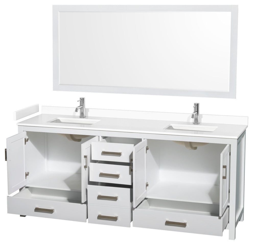 80"DBL Bathroom Vanity White, White Cult. Marble Countertop, Sinks, 70" Mirror