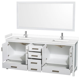 80"DBL Bathroom Vanity White, White Cult. Marble Countertop, Sinks, 70" Mirror