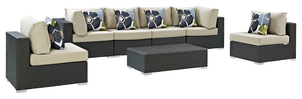 Modway Sojourn 7 Piece Outdoor Patio Sunbrella Sectional Set, Antique Beige