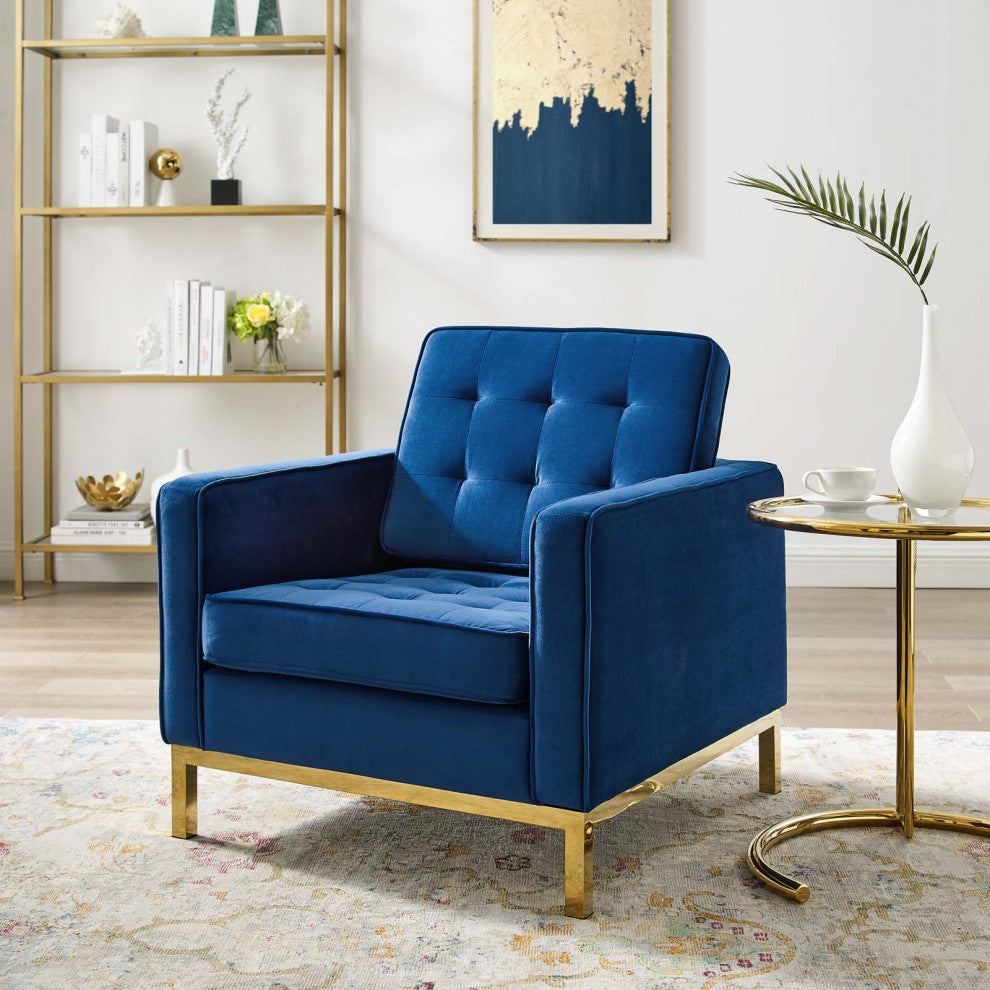 Modern Lounge Accent Side Chair Armchair, Velvet Fabric, Gold Blue Navy