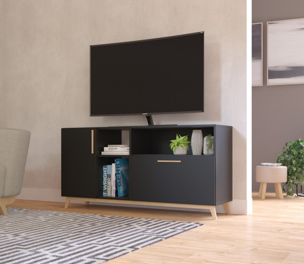 Modern Black And Natural Asymmetrical TV Stand