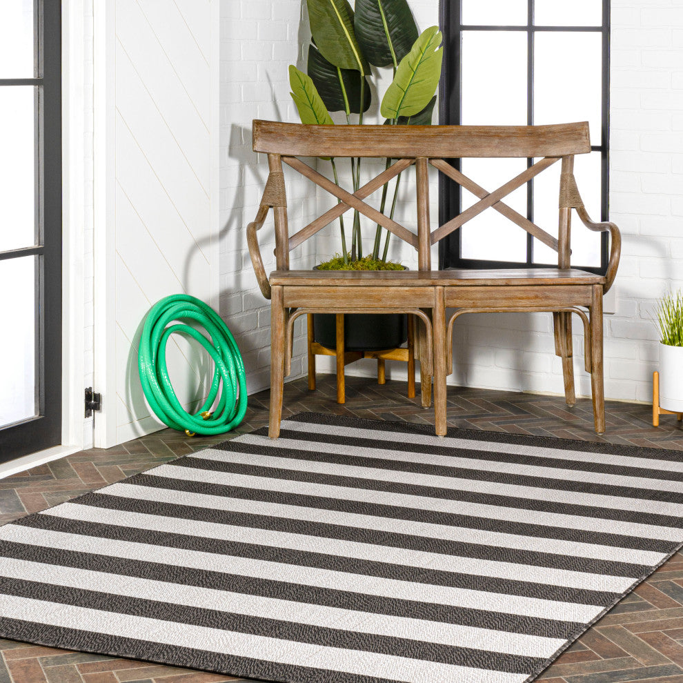 Negril Two-Tone Wide Stripe Indoor/Outdoor Area Rug, Black/Cream, 8x10