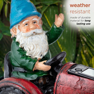 Solar Red Tractor Riding Gnome with Cool White LED Lights