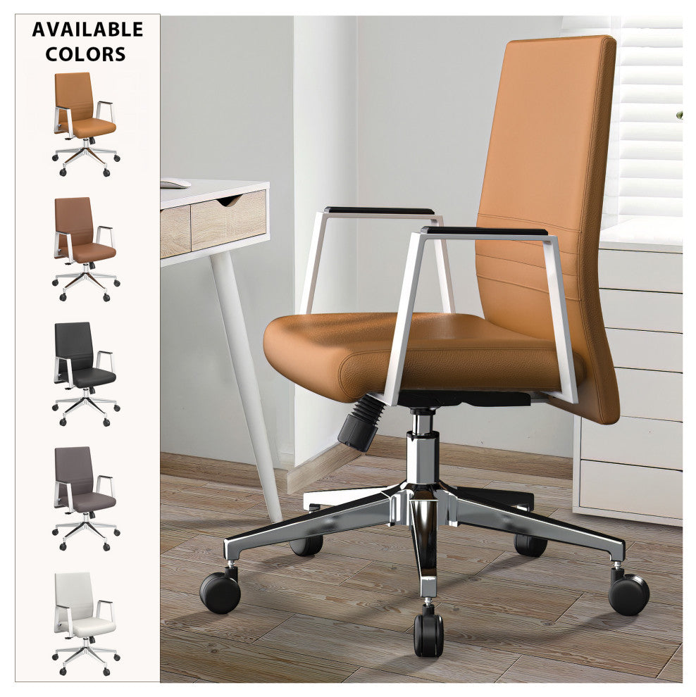 LeisureMod Aleen Upholstered Leather Office Chair With Swivel and Tilt, Acorn Brown