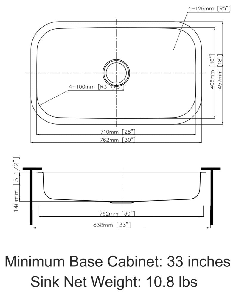 Sinber 30" Undermount Single Bowl 304 Stainless Steel Kitchen Sink