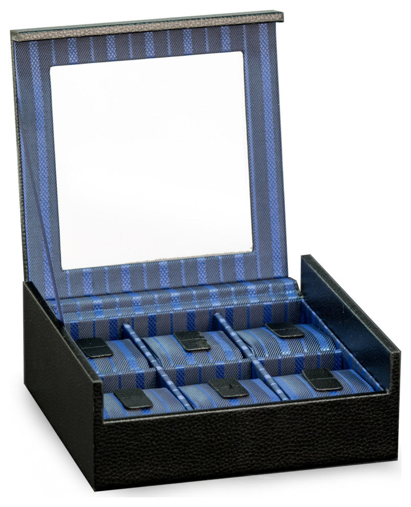 6 Watch Case, Glass Top Black Leather