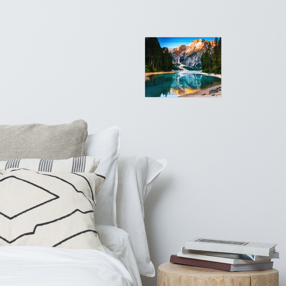 Faux Wood Misty Lake and Snow-cap Mountain Reflections Unframed Wall Art Prints, 11" X 14"