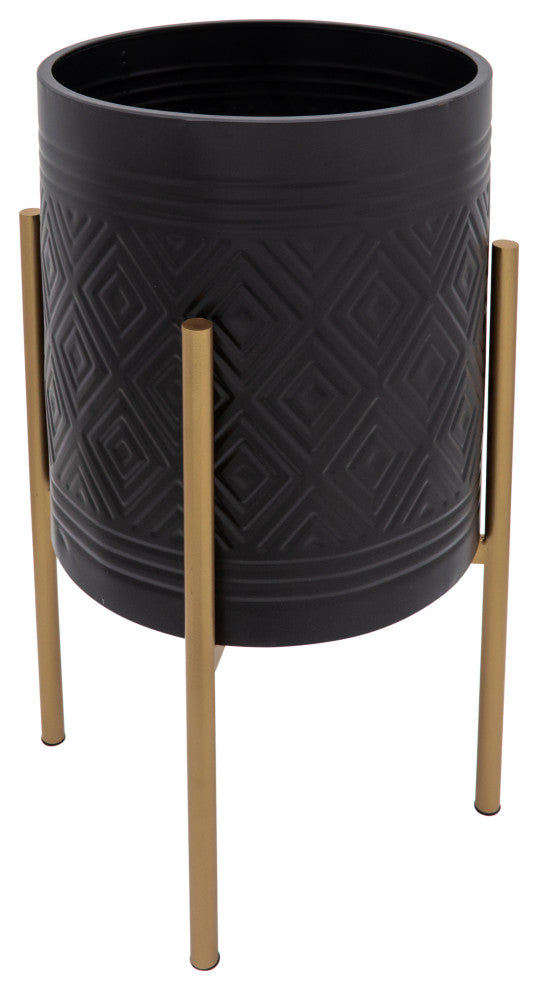 2-Piece Set Aztec Planter On Metal Stand, Black/Gold