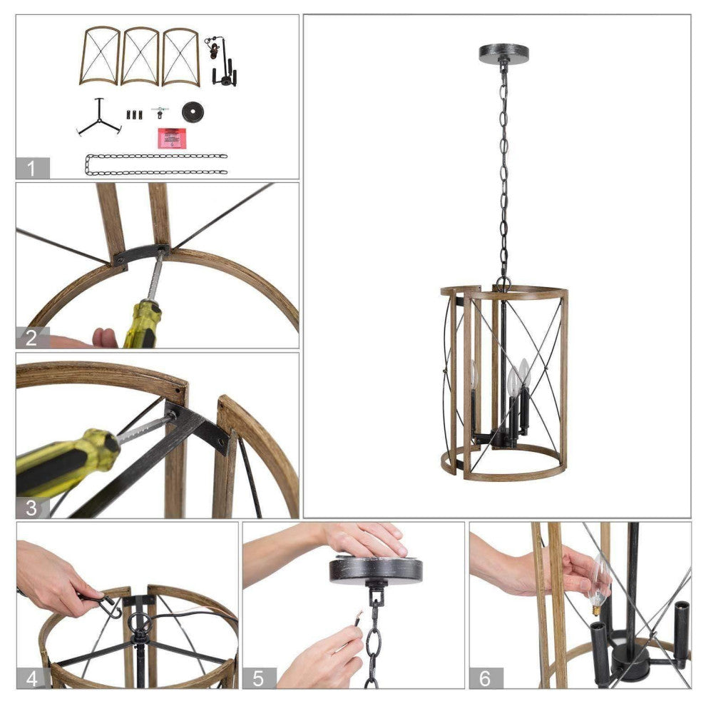 4-Lights Matte Black and Wood Tone Farmhouse Chandelier For Chateau