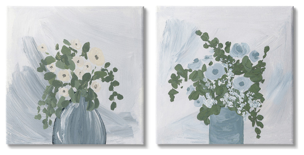 Painterly Blue Daises Flowers Plants Vase Abstract Florals, 2pc, each 17 x 17