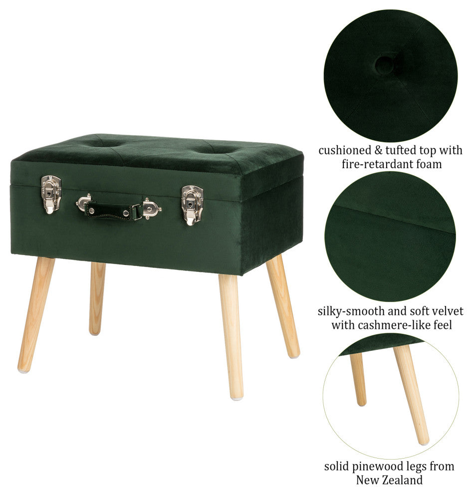 19.69"L Velvet Upholstered Storage Stool, Hunter