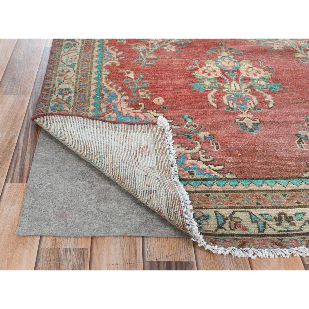 Tomato Red Hand Knotted Old Persian Bibikabad Pure Wool Runner Rug, 3'9"x12'3"