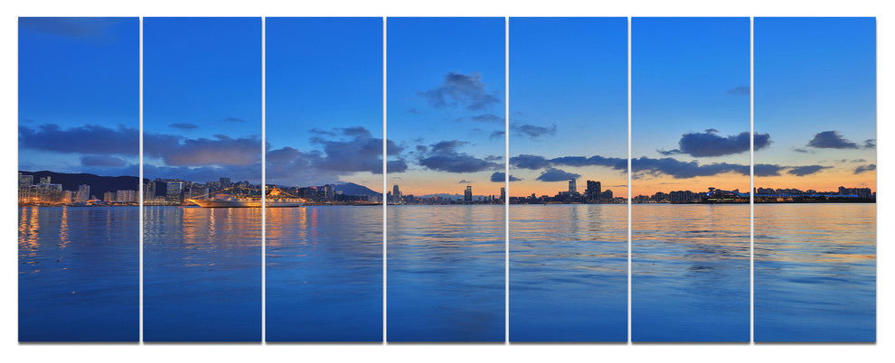 Hong Kong Skyline at Summer Night, Abstract Wall Art Canvas, 83"x32", 7 Panels