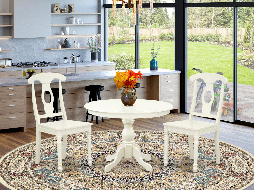 3 Pc Dining Set, Linen White Table, 2 Linen White Wood Chairs