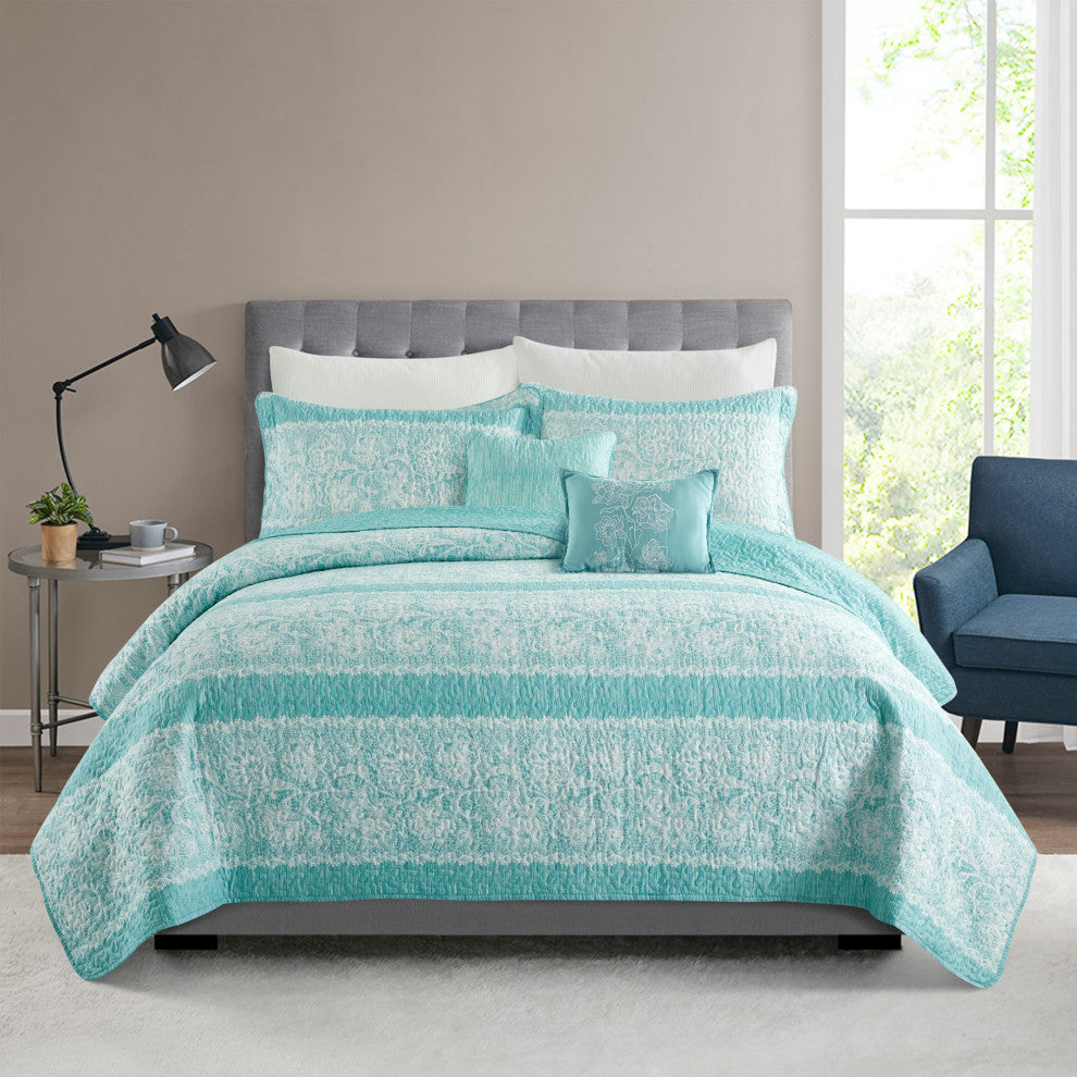 Emma Quilt 5 Piece Sets, Teal, King 102" X 90"