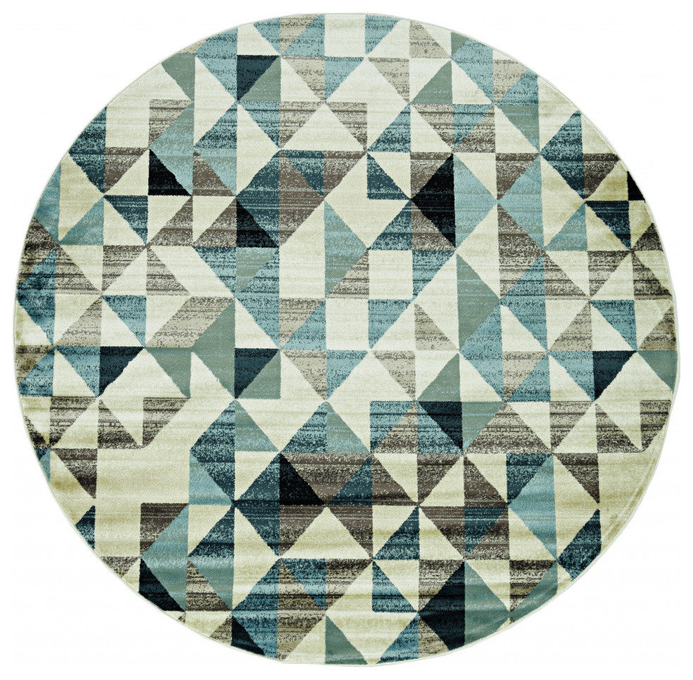 8" Round Blue Beige Nested Diamonds Modern Area Rug