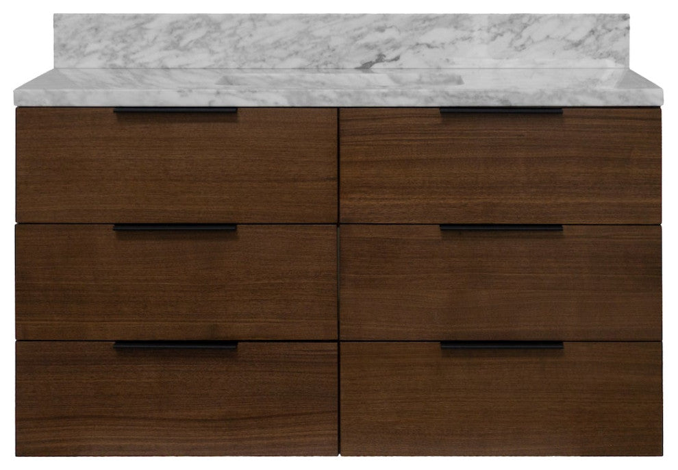 Oslo 42" Floating Wall Mounted Bathroom Vanity, Walnut, Carrara Marble