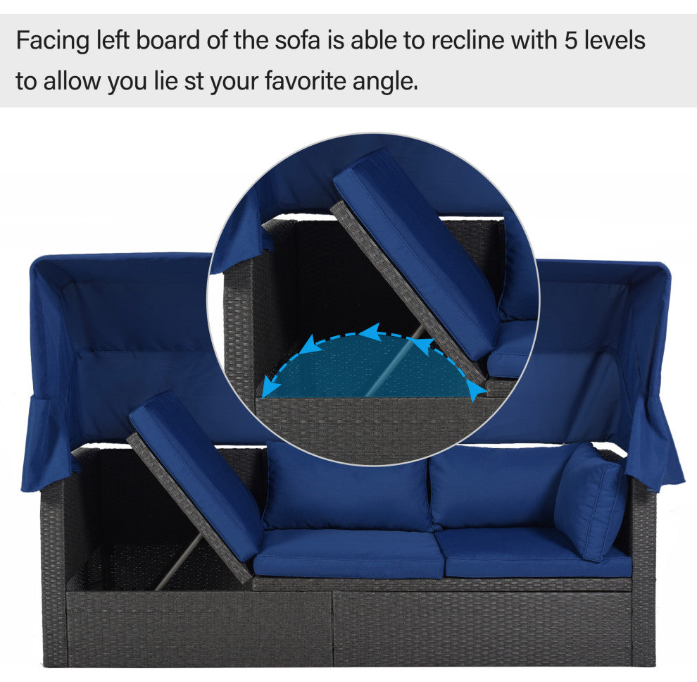 4-Piece Outdoor Wicker Sectional Patio Daybed with Canopy and Ottoman, Black Blu