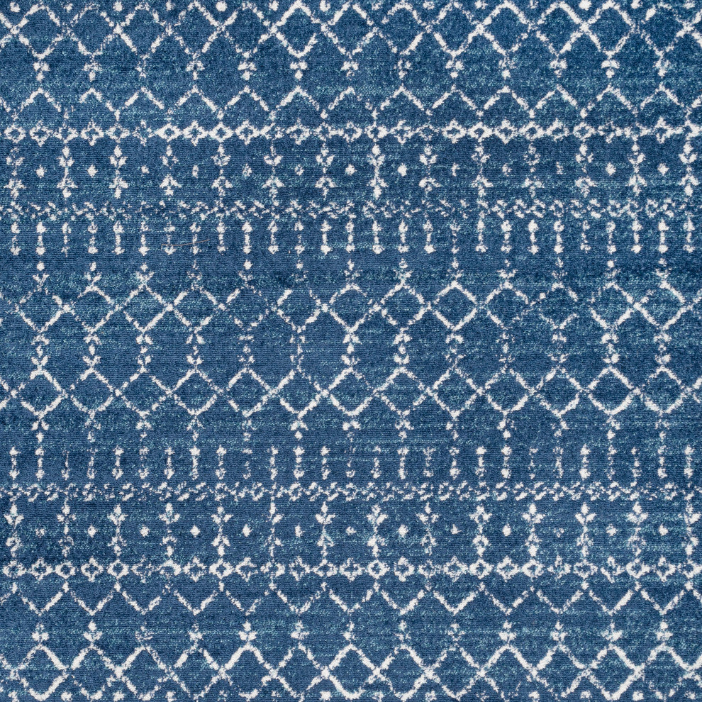 Moroccan HYPE Boho Vintage Diamond Runner Rug, Blue/White, 5' Square