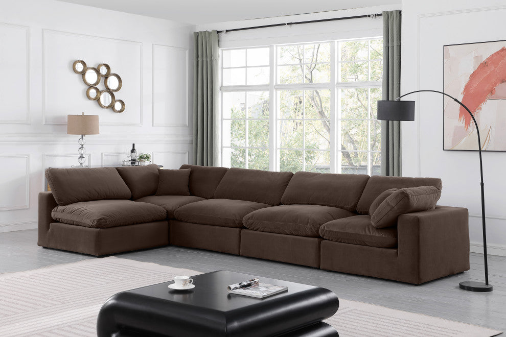 Comfy Upholstered L-Shaped Modular Sectional, Brown, 5-Piece: 3 Armless Chair, 2 Corner Chair, Velvet