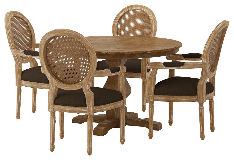 Bryan French Country Upholstered Wood and Cane 5-Piece Circular Dining Set, Natural/Brown