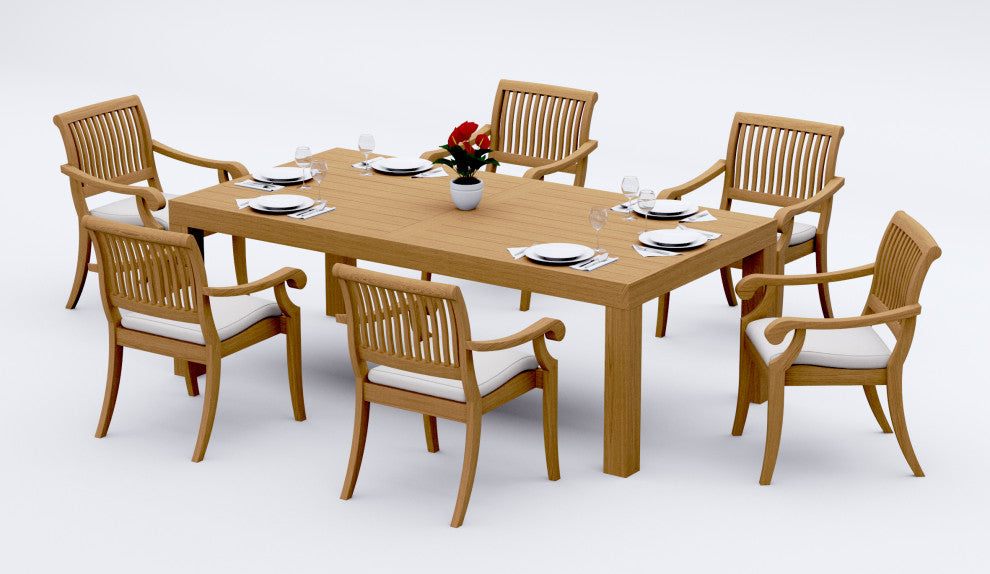 7-Piece Outdoor Teak Dining Set: 86" Rectangle Table, 6 Arbor Stacking Arm Chair
