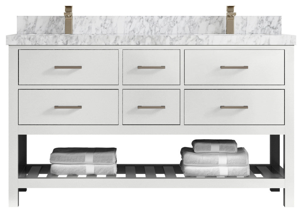 Parker 60 Double Sink Bathroom Vanity in White 2" Carrara Marble