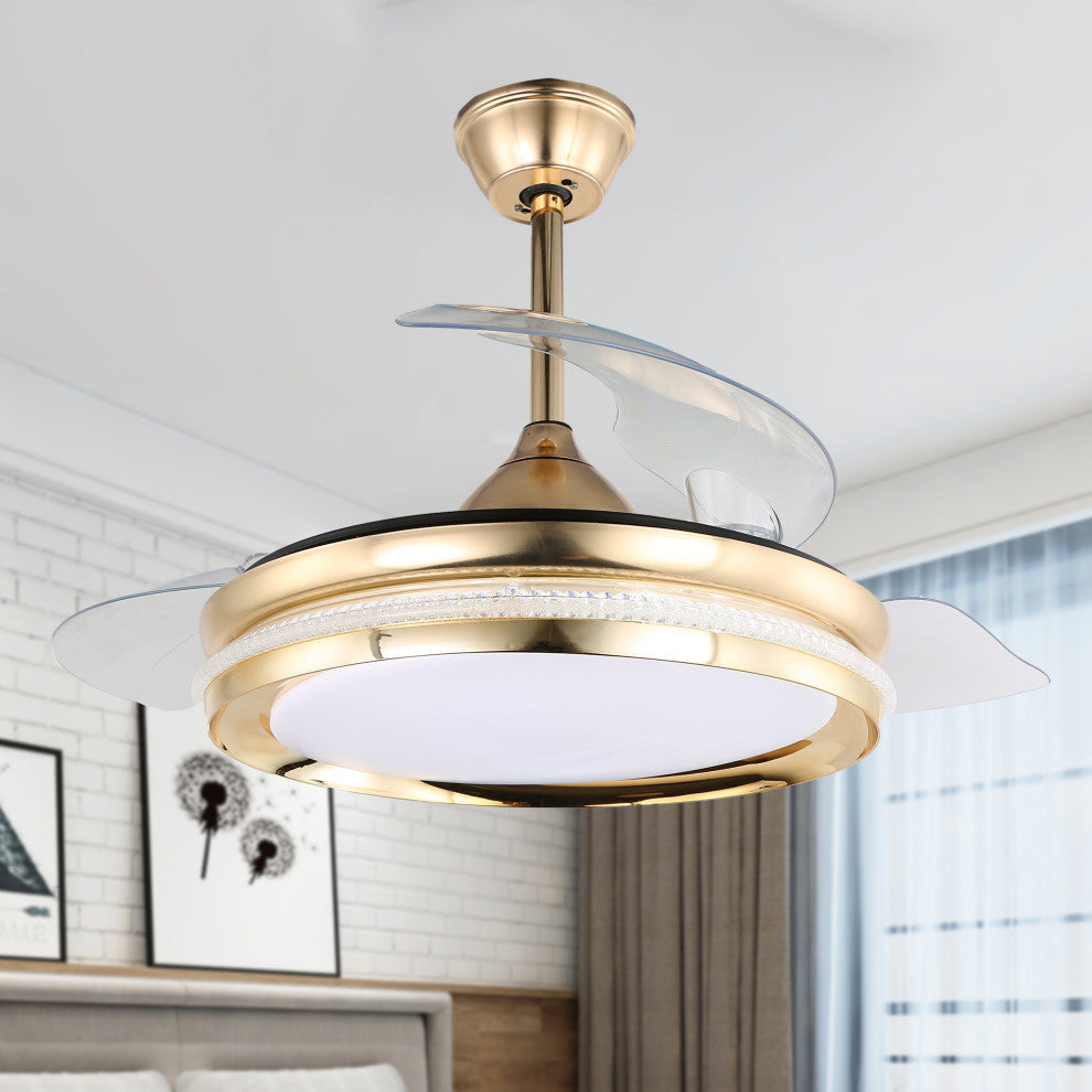 42" Modern Retractable Crystal Ceiling Fan with Remote Control and LED Light, French Gold