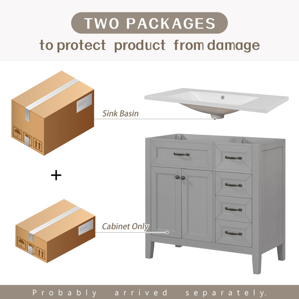 36 in. Freestanding Bathroom Vanity Set with Ceramic Integrated Single Sink, Grey