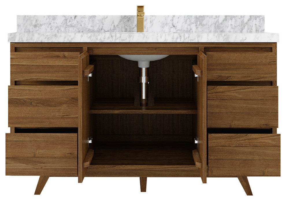 Madison Teak 60 Single Bathroom Vanity in Dark Natural 2" Carrara Marble
