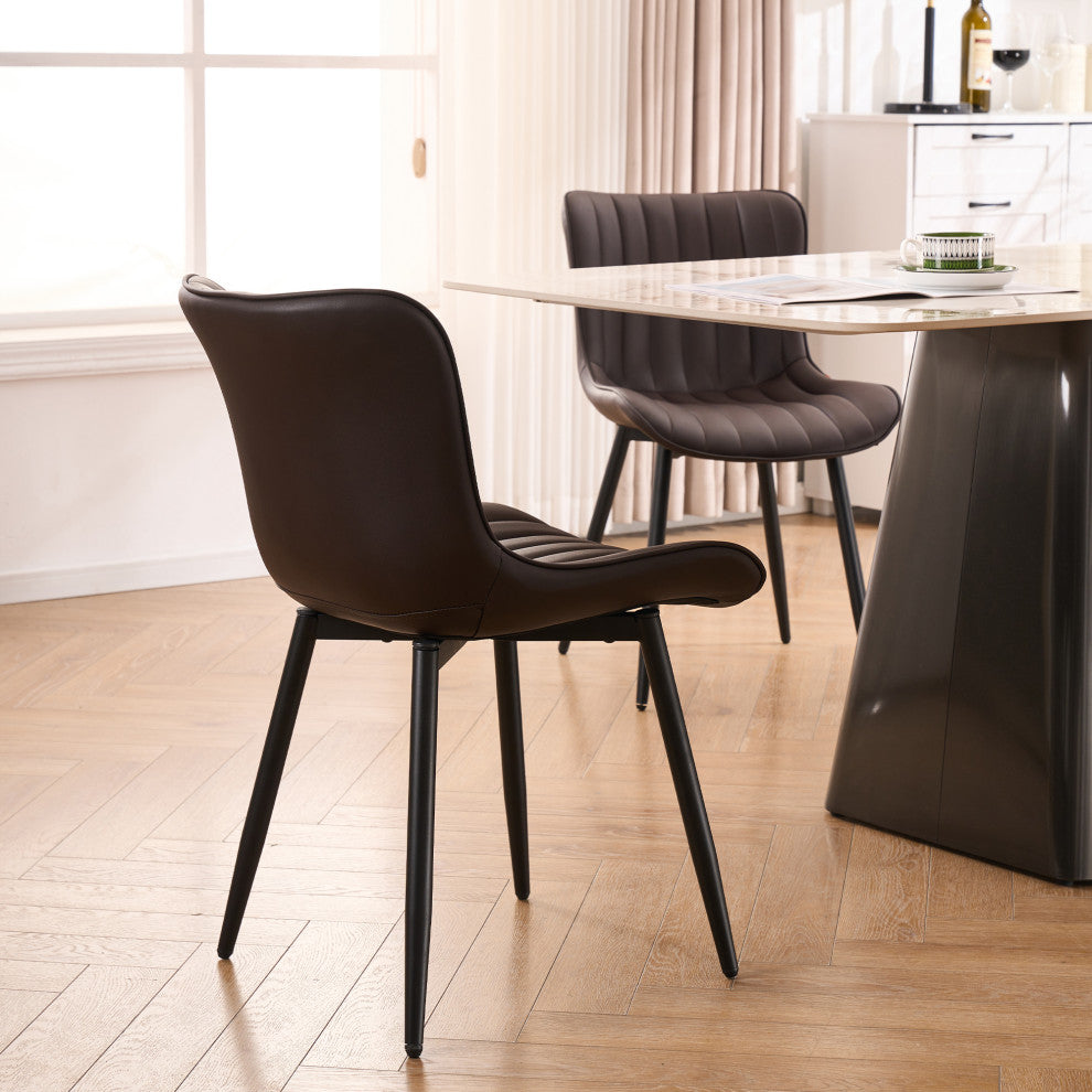 Younike Dining Chair Set of 2, Liner Pattern Faux Leather, Brown