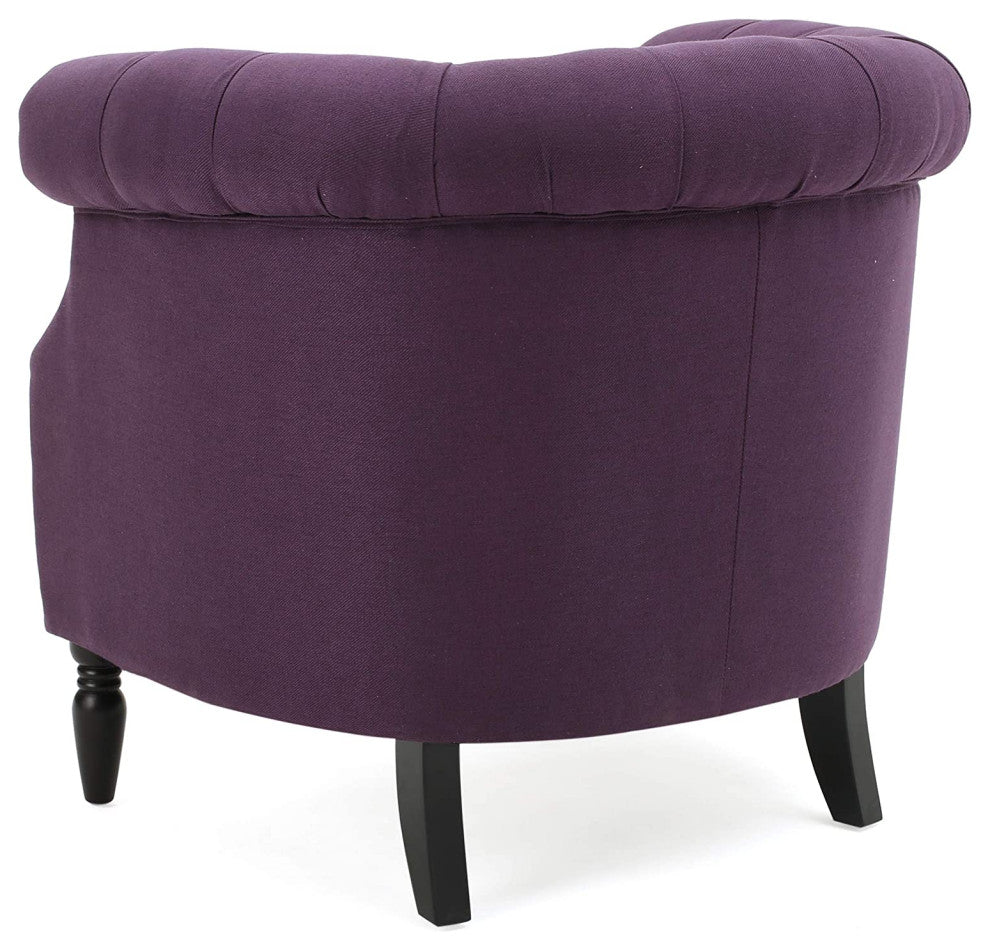 Elegant Plum Velvet Armchair with Tufted Back and Studded Scroll Arms