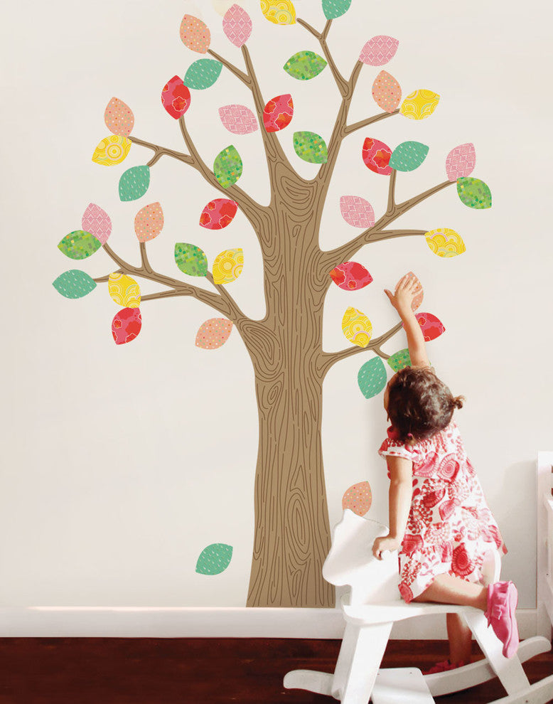 Pattern Tree With Leaves Vinyl Wall Sticker, Spring-Latte Brown