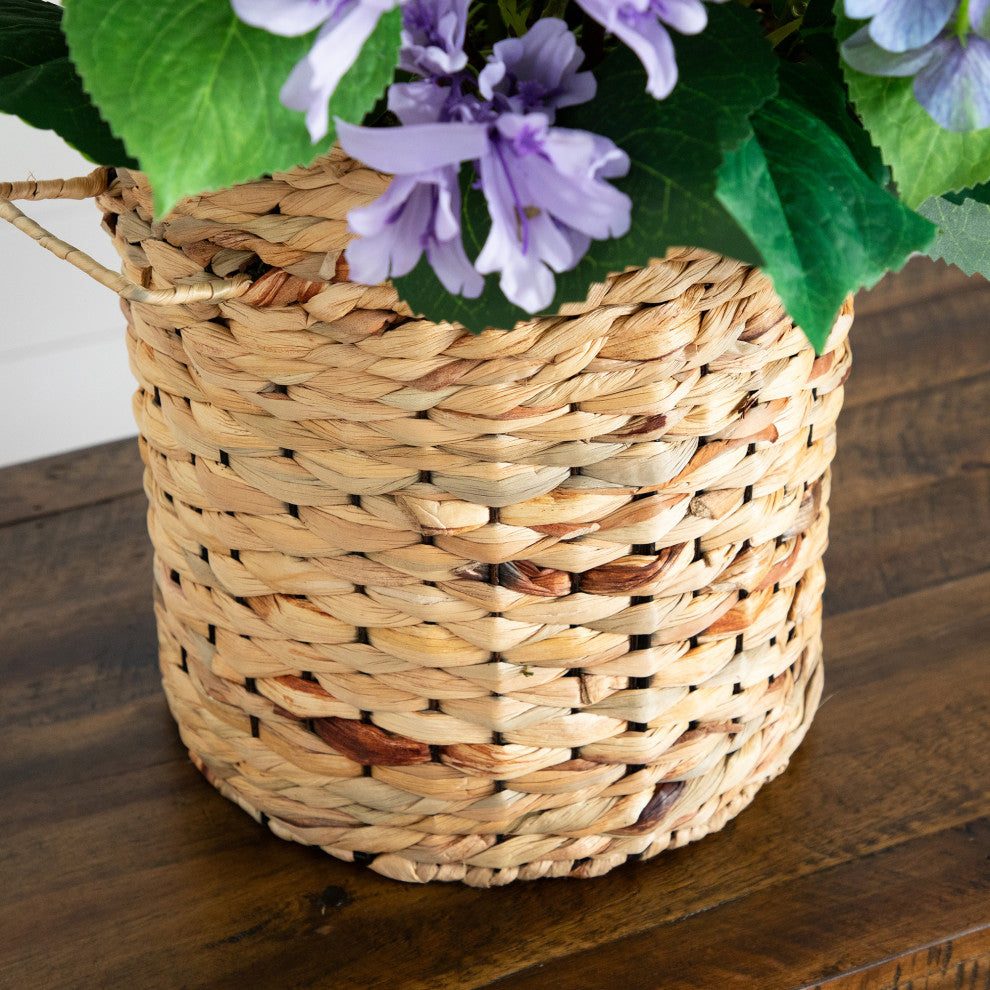 31in. Artificial Mixed Flower and Hydrangea Arrangement, Hyacinth Weave Basket