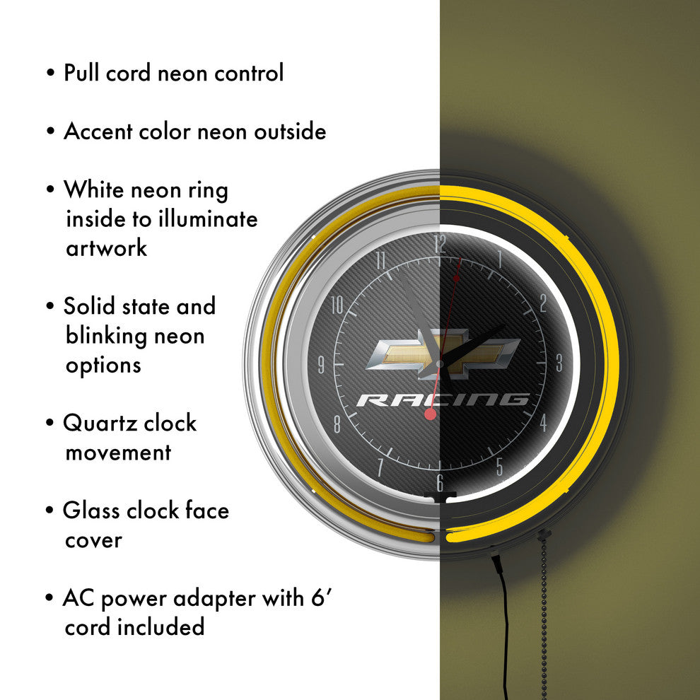 Chevrolet Chrome Double Rung Neon Clock, Chevy Racing