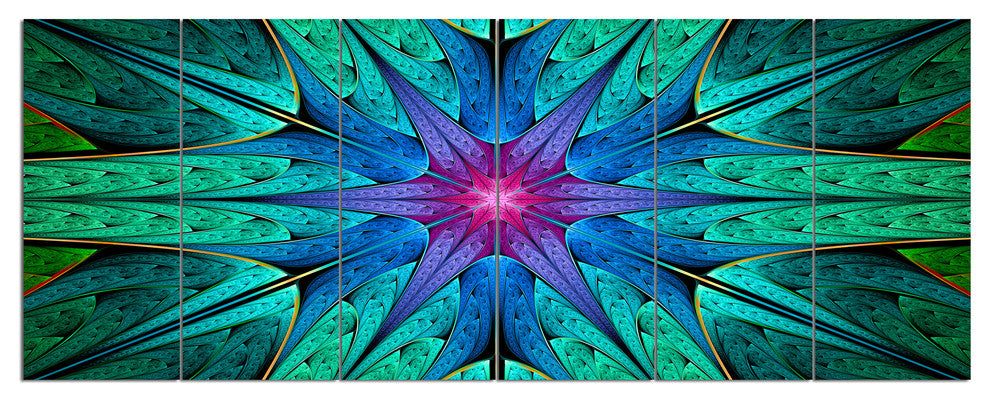 Turquoise Star Fractal Stained Glass, Abstract Canvas Print, 70"x28", 6 Panels