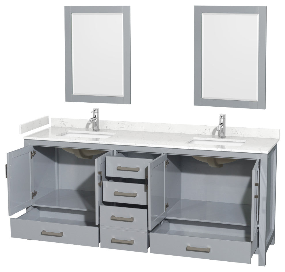 80"DBL Bathroom Vanity Gray, Carrara Cult. Marble Countertop, Sinks, 24" Mirrors