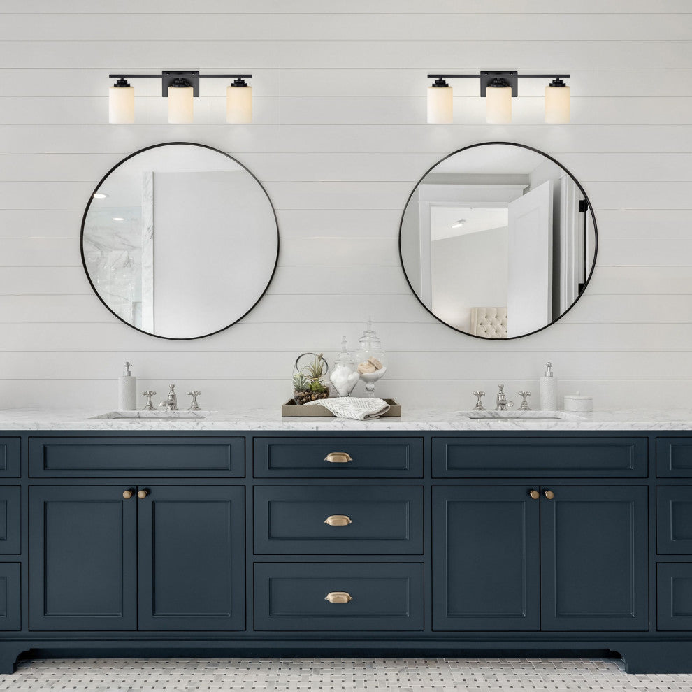 3-Light Matte Black Vanity With Etched White Glass Shades