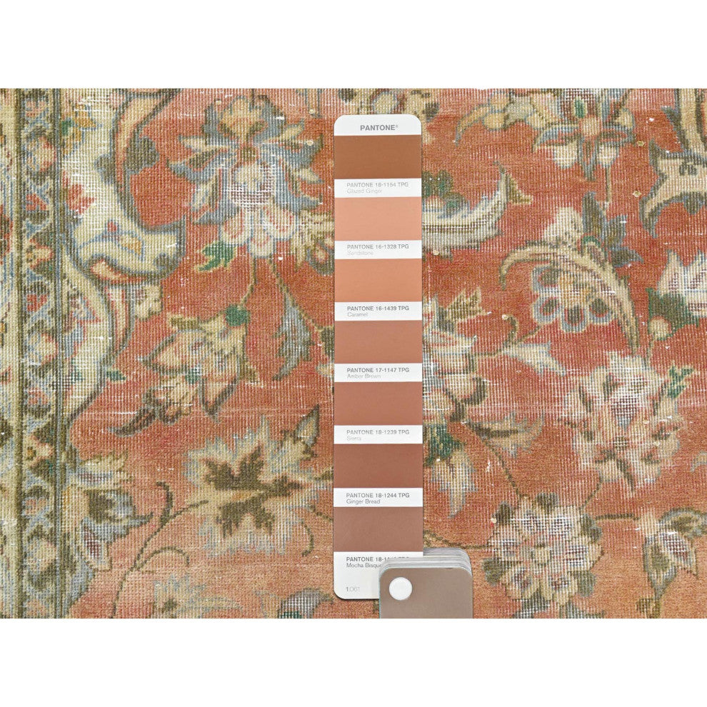 Apricot Color Worn Wool Hand Knotted Vintage Persian Kashan Rug 6'10" x 10'6"