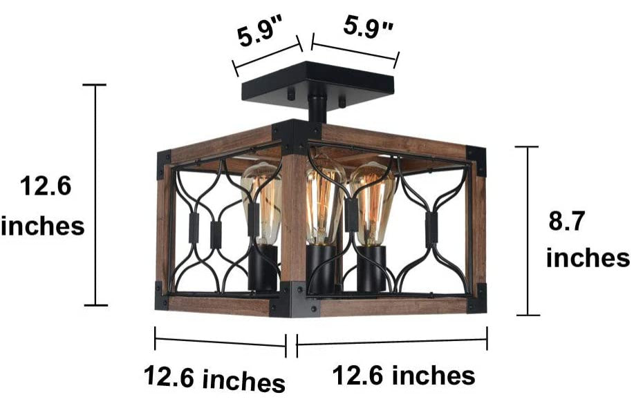 4 Light Industrial Ceiling Lamp, Rust, Square, Semi Flush Mount, Cage