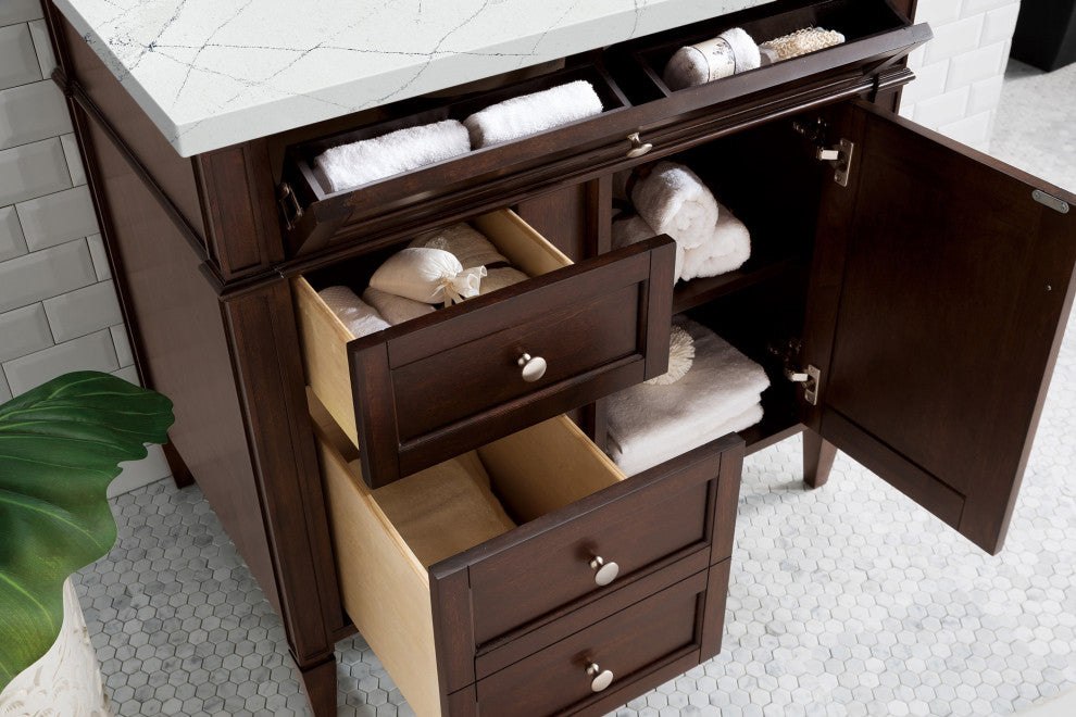 James Martin 650-V36-BNM-3ENC 36" Burnished Mahogany Single Vanity + Quartz Top